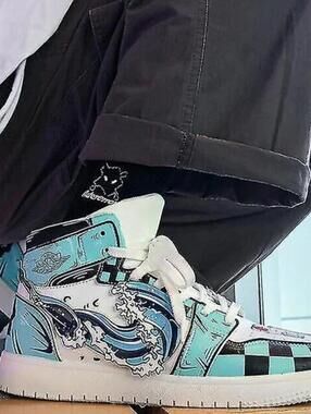 K.W Shoes Kamado Tanjiro Demon Slayer Anime High Top Sneakers Aqua White - 41